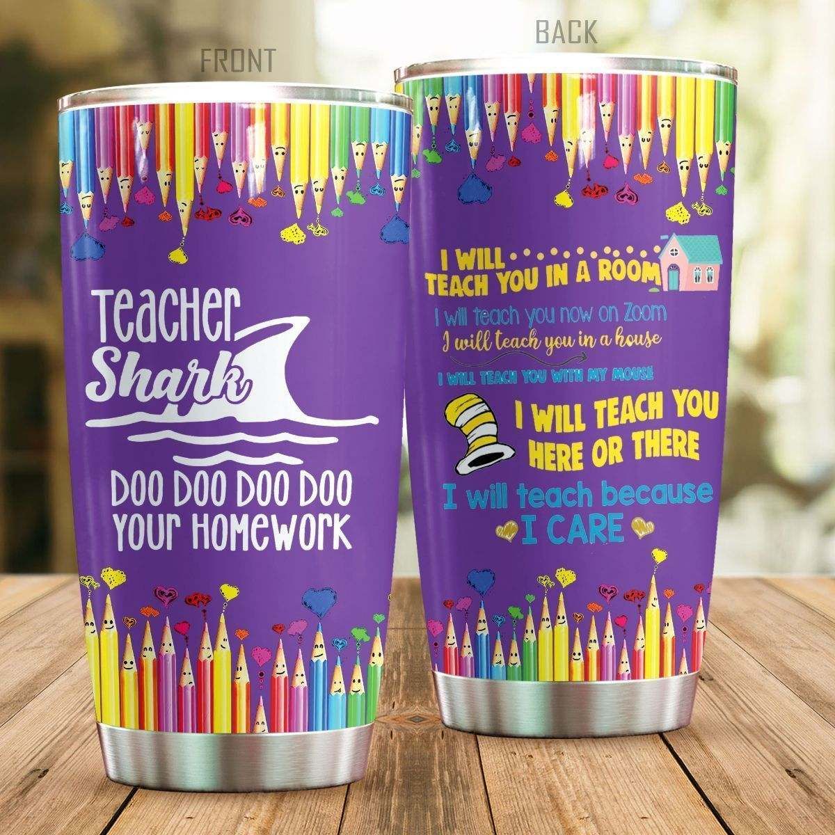 Teacher Tumbler 20 Oz Teacher Shark Doo Doo Doo Doo Your Homework Purple Tumbler Cup 20 Oz