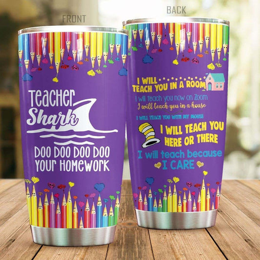 Teacher Tumbler 20 Oz Teacher Shark Doo Doo Doo Doo Your Homework Purple Tumbler Cup 20 Oz