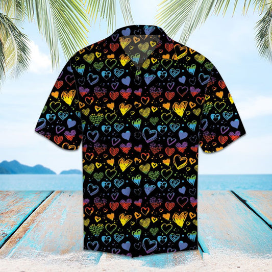 Unifinz LGBT Pride Hawaii Shirt LGBT Rainbow Hearts Pattern Hawaiian Shirt LGBT Aloha Shirt 2022