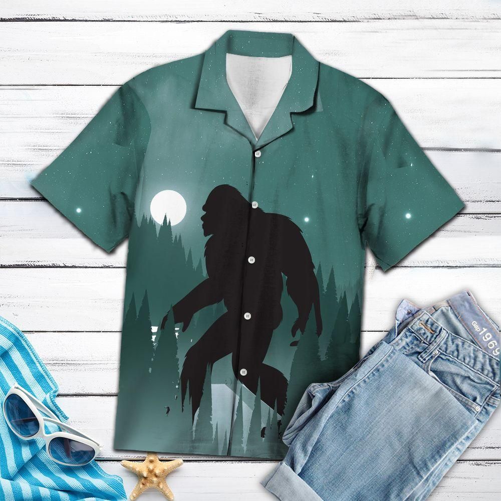 Unifinz Bigfoot Hawaii Shirt Walking Bigfoot In The Forest Green Hawaiian Aloha Shirt 2022