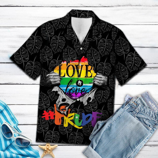 Unifinz LGBT Hawaii Shirt Love Is Love Inside Black White Trpical Leafs Hawiian Shirt LGBT Aloha Shirt 2022