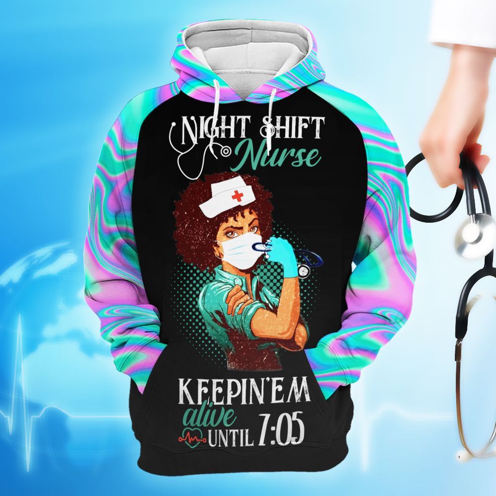 Unifinz Black Nurse Hoodie Night Shift Nurse Keeping' Em Alive Until 7:05 Hoodie Nurse Apparel 2022