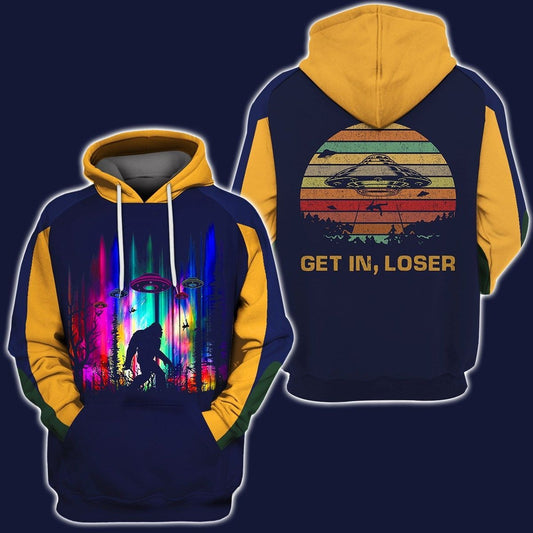 Unifinz Bigfoot Hoodie Bigfoot Get In Loser UFO Yellow Blue Hoodie Apparel Adult Unisex Full Print 2022