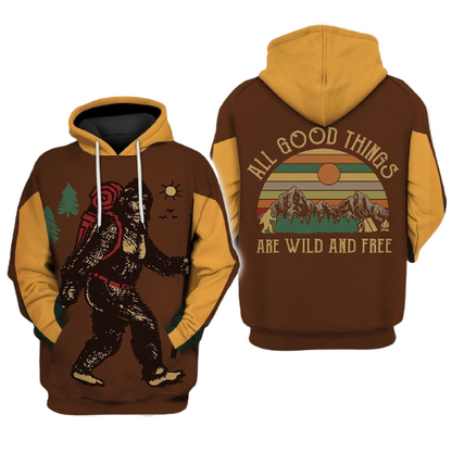 Unifinz Bigfoot Camping Hoodie Bigfoot Painting All Good Things Are Wild And Free Hoodie Apparel Adult Full Print 2022