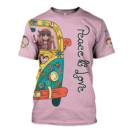  Hippie T-shirt Hippie Girl In Hippie Car Peace And Love Pink T-shirt Apparel Full Print Unisex