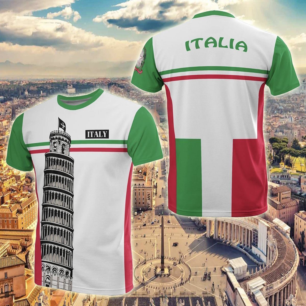  Italy T-shirt Pisa Tower Italia Flag Color Green Red White T-shirt Adult Unisex Full Print