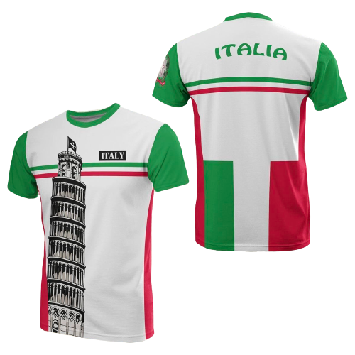  Italy T-shirt Pisa Tower Italia Flag Color Green Red White T-shirt Adult Unisex Full Print