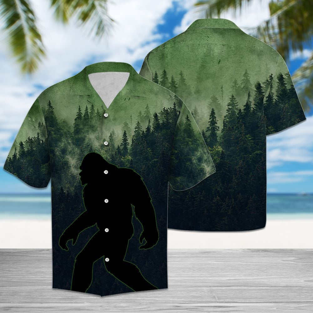 Unifinz Bigfoot Hawaii Shirt Walking Bigfoot In The Forest Green 3D Hawaiian Shirt 2022