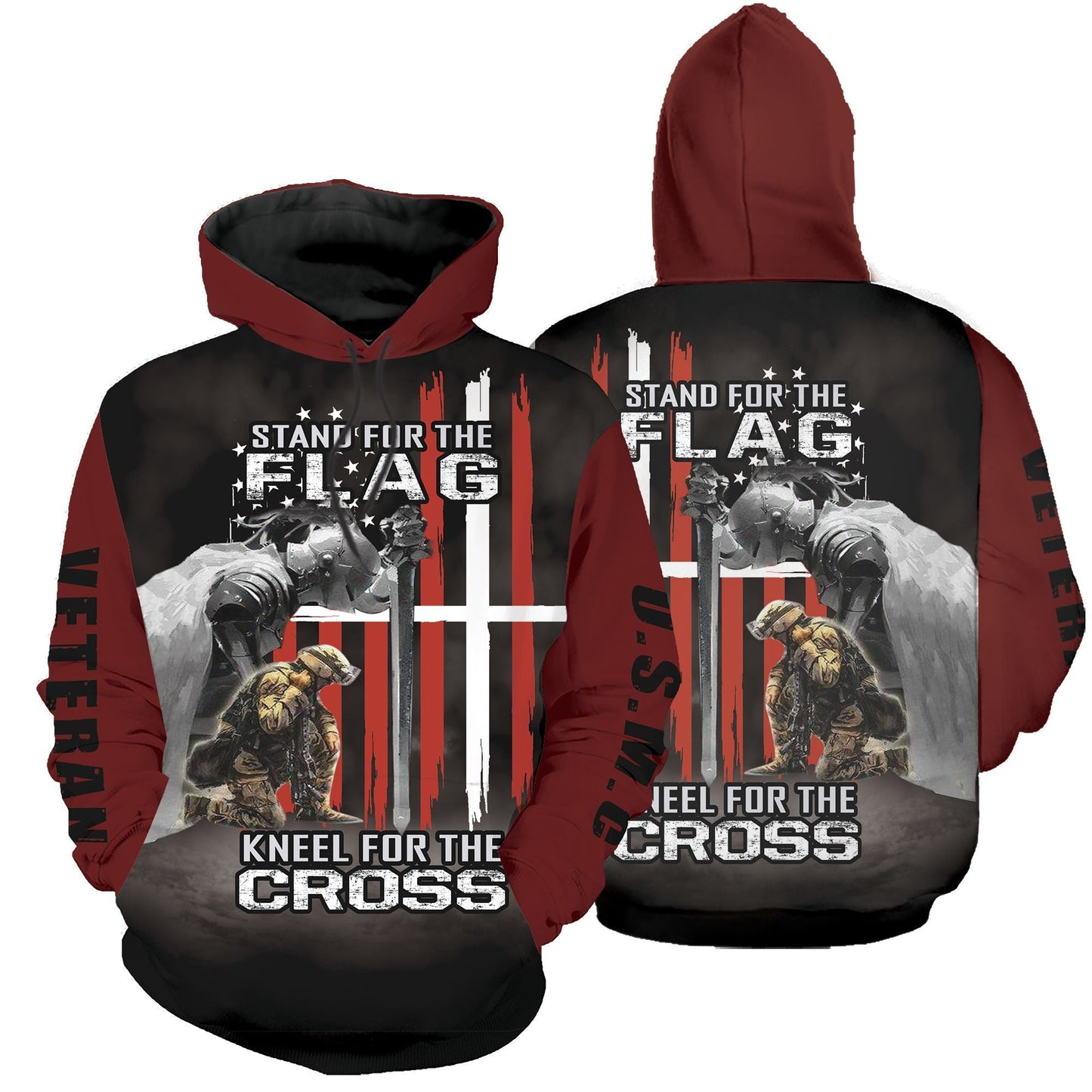 Unifinz Veteran Apparel Stand For The Flag Kneel For The Cross Soldier Veteran Black Red Hoodie Veteran Hoodie 2022