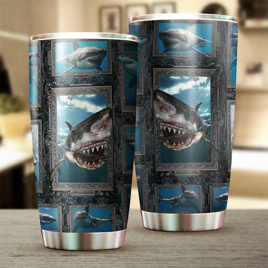  Shark Tumbler 20 Oz Scary Sharks Frame Blue Tumbler Cup 20 Oz Travel Mug