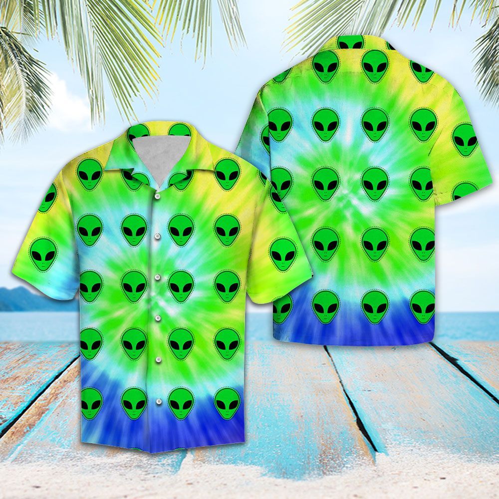 Unifinz Alien Hawaiian Shirt Alien Head Pattern Green Blue Tie Dye Hawaii Shirt Alien Aloha Shirt 2022