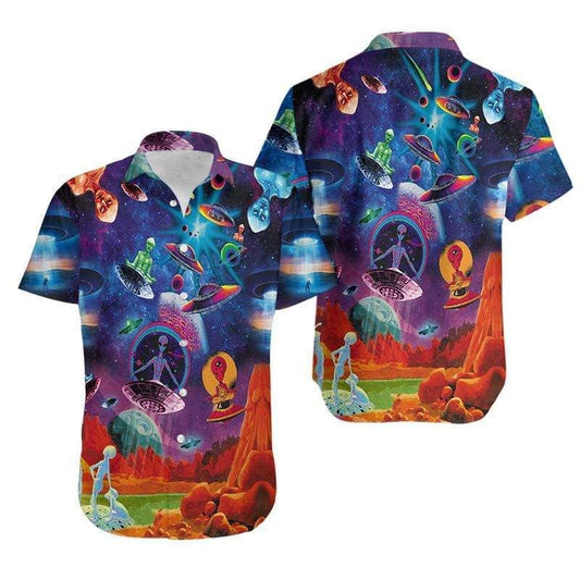 Unifinz UFO Alien Hawaii Shirt UFO Alien Space Blue Orange Hawaiian Aloha Shirt 2022