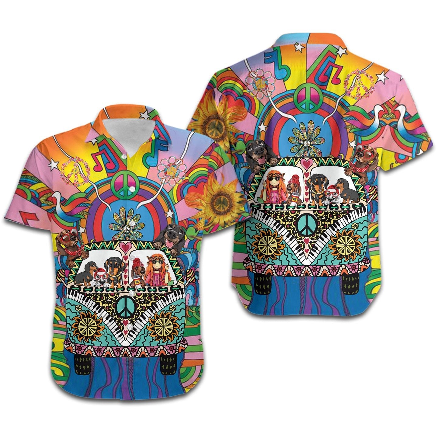  Hippie Shirt Dachshund Hippie Van Sunflower Colorful Hawaiian Shirt
