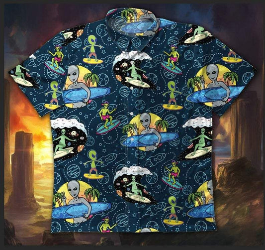 Unifinz Alien Hawaiian Shirt Alien Surfing Pattern Blue Hawaii Shirt Alien Aloha Shirt 2022