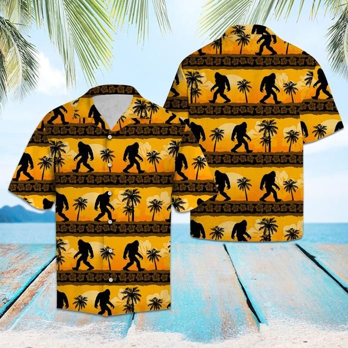 Unifinz Bigfoot Hawaii Shirt Yellow Sunset Bigfoot Palm Tree Pattern Hawaiian Shirt 2022