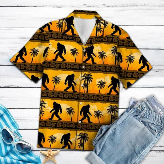 Unifinz Bigfoot Hawaii Shirt Yellow Sunset Bigfoot Palm Tree Pattern Hawaiian Shirt 2022