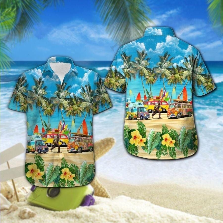 Unifinz Bigfoot Hawaiian Shirt Bigfoot Beach Vacation Palm Tree Hawaii Aloha Shirt 2022