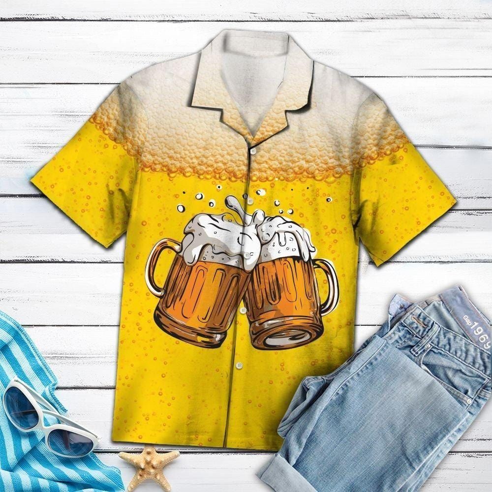  Beer Hawaiian Shirt Beer Cups Cheer Beer Bubble Yellow