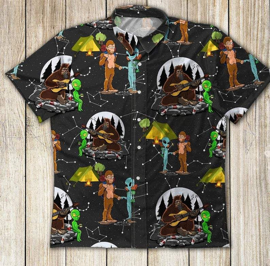 Unifinz Alien Camping Hawaiian Shirt Alien Camping With Bigfoot Pattern Black Hawaii Shirt Alien Aloha Shirt 2022