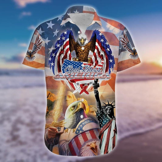 Unifinz Patriot 4th Of July Hawaii Shirt God Bless America American Flag Eagle Statue Of Liberty Hawaiian Aloha Shirt 2022