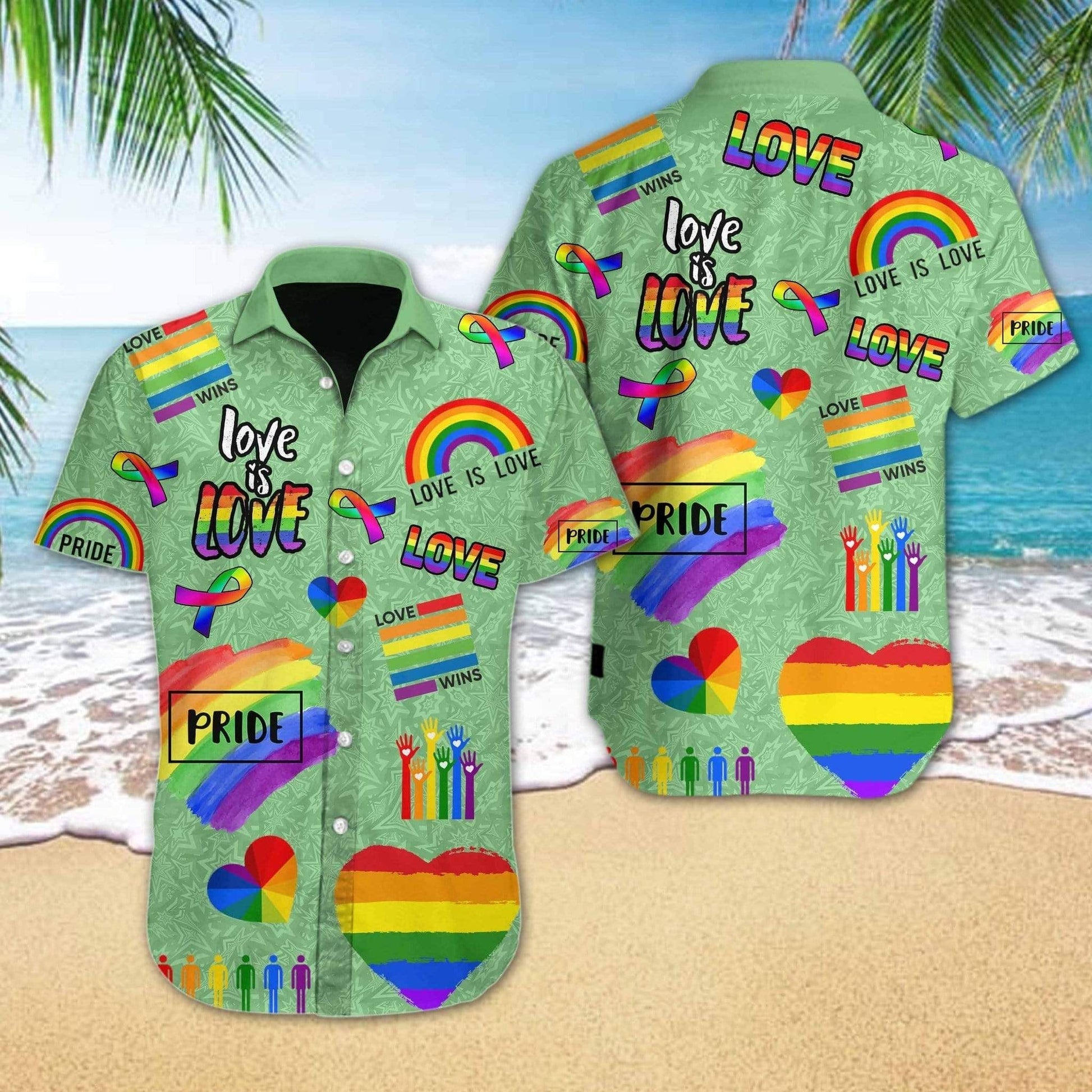 Unifinz LGBT Hawaii Shirt Pride Love Is Love Rainbow Heart Green Hawaiian Shirt LGBT Aloha Shirt 2022