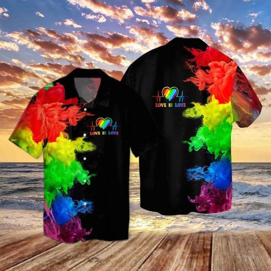 Unifinz LGBT Hawaiian Shirt Love Is Love Heartbeat Rainbow Smoke Hawaiian Shirt LGBT Aloha Shirt 2022