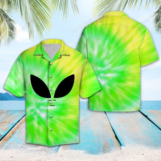 Unifinz Alien Hawaiian Shirt Green Yellow Alien Tie Dye Hawaii Shirt Alien Aloha Shirt 2022