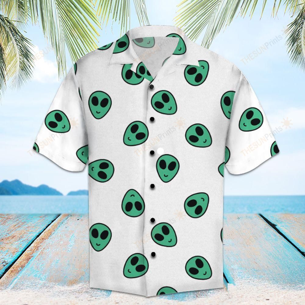 Unifinz Alien Hawaiian Shirt Green Smiling Alien Head Pattern White Hawaii Aloha Shirt 2022