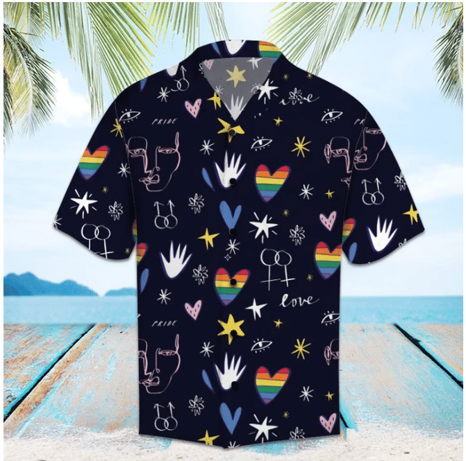 Unifinz LGBT Pride Hawaii Shirt Hand Rainbow Hearts Love Pattern Black Hawaiian Shirt LGBT Aloha Shirt 2022