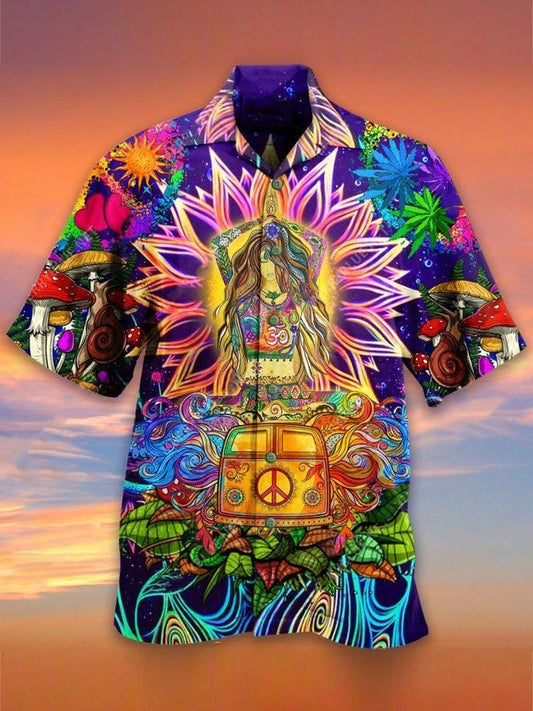  Hippie Hawaiian Shirt Girl Mediating Hippie Van Mushroom Blue Hawaii Aloha Shirt