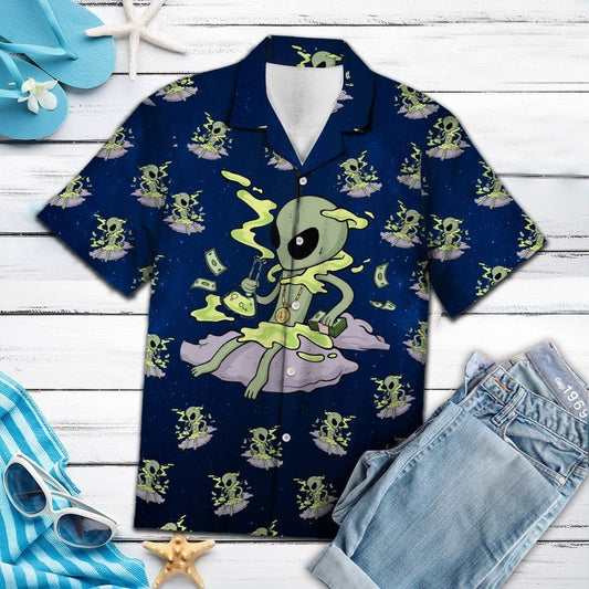 Unifinz Alien Hawaiian Shirt Alien Money Pattern Navy Blue Hawaii Aloha Shirt 2022