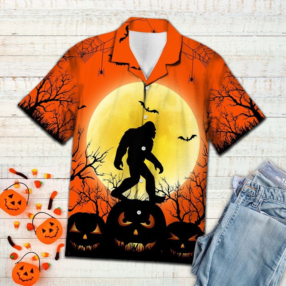 Unifinz Bigfoot Halloween Hawaii Shirt Bigfoot Halloween Moon Pumpkin Orange Hawaii Aloha Shirt 2022