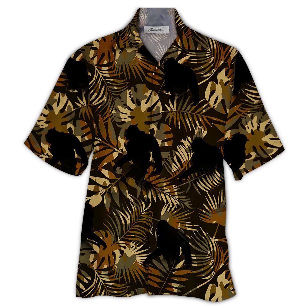 Unifinz Bigfoot Hawaiian Shirt Bigfoot Tropical Jungle Brown Pattern Hawaii Aloha Shirt 2022