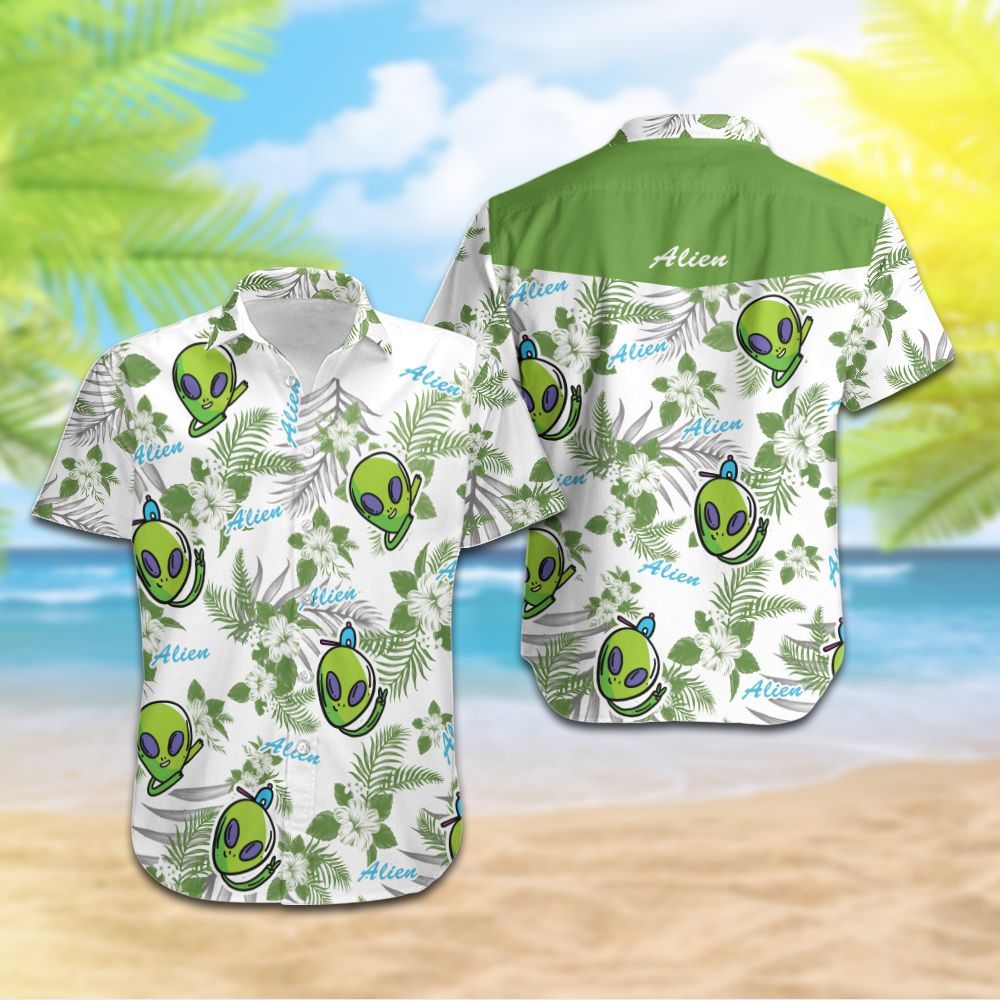 Unifinz Alien Hawaiian Shirt Green Alien Floral Tropical White Hawaii Aloha Shirt 2022