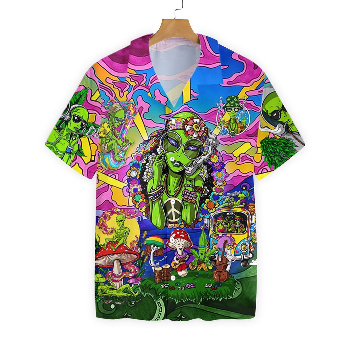 Unifinz Alien Hawaiian Shirt Hippie Alien Pink Blue Green Hawaii Aloha Shirt 2022