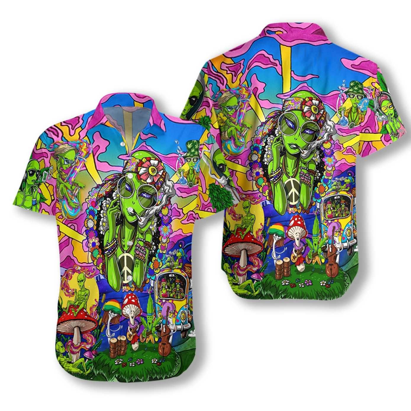 Unifinz Alien Hawaiian Shirt Hippie Alien Pink Blue Green Hawaii Aloha Shirt 2022