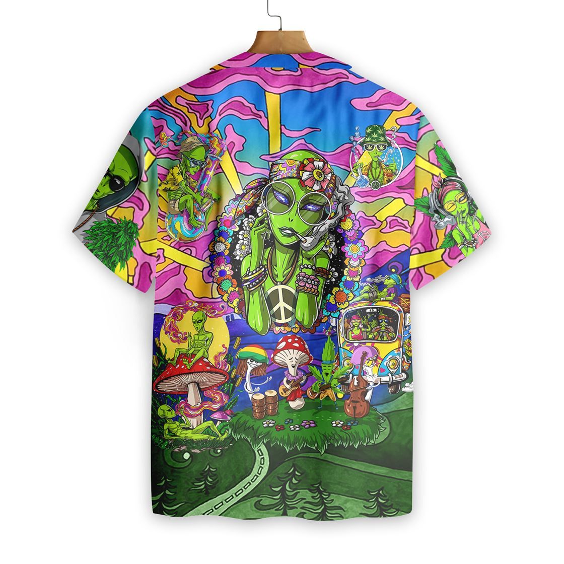 Unifinz Alien Hawaiian Shirt Hippie Alien Pink Blue Green Hawaii Aloha Shirt 2022