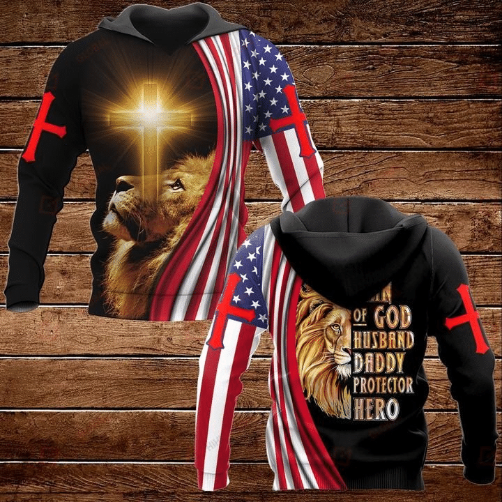 Unifinz Father Day God Shirt Man Of God Husband Daddy Protector Hero Lion Cross T-shirt Father Day God Hoodie Father's Day Gift 2022