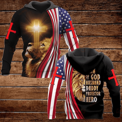 Unifinz Father Day God Shirt Man Of God Husband Daddy Protector Hero Lion Cross T-shirt Father Day God Hoodie Father's Day Gift 2022