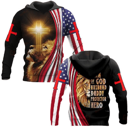 Unifinz Father Day God Shirt Man Of God Husband Daddy Protector Hero Lion Cross T-shirt Father Day God Hoodie Father's Day Gift 2022