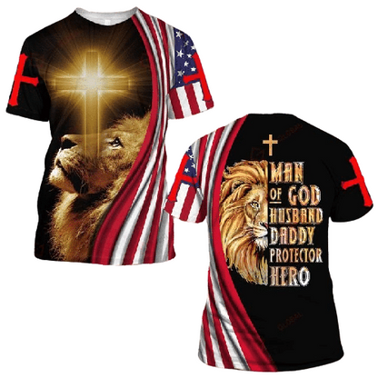 Unifinz Father Day God Shirt Man Of God Husband Daddy Protector Hero Lion Cross T-shirt Father Day God Hoodie Father's Day Gift 2022