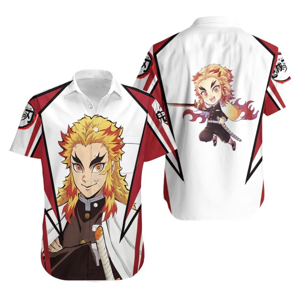 Unifinz Demon Slayer Hawaii Shirt Rengoku Kyojuro Chibi Red White Hawaiian Shirt Demon Slayer Aloha Shirt 2022