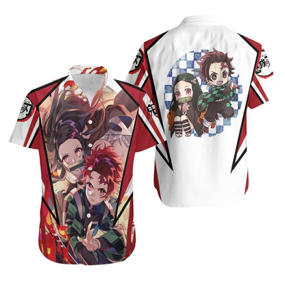 Unifinz Demon Slayer Hawaiian Shirt Tanjiro Nezuko Cool And Chibi White Red Hawaii Shirt Demon Slayer Aloha Shirt 2022