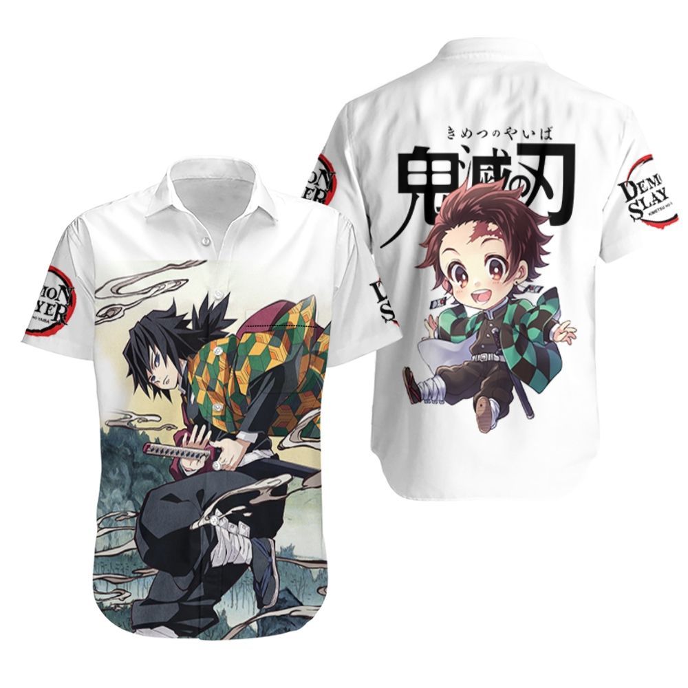 Unifinz Demon Slayer Hawaiian Shirt Giyu Tomioka Chibi Tanjiro White Kimetsu No Yaiba Logo Hawaii Shirt Demon Slayer Aloha Shirt 2022