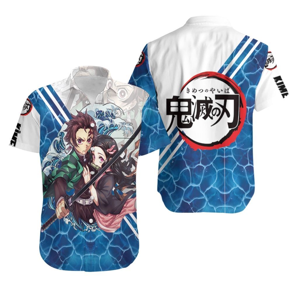 Unifinz Demon Slayer Hawaiian Shirt Tanjiro Nezuko Kamado Ocean Blue Kimetsu No Yaiba Logo Hawaii Shirt Demon Slayer Aloha Shirt 2022