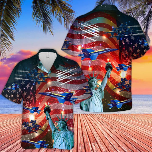 Unifinz Patriot 4th Of July Hawaiian Shirt Blue Angels Air Show Statue Of Liberty Hawaii Aloha Shirt 2022