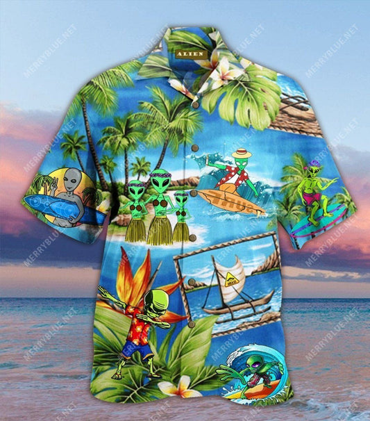 Unifinz Alien Hawaii Shirt Alien Summer Vacation Blue Hawaiian Shirt Adult Full Print 2022