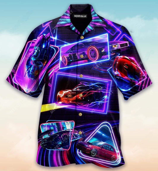  Racing Car Hawaiian Shirt Glowing Neon Racing Car Colorful Hawaii Aloha Shirt