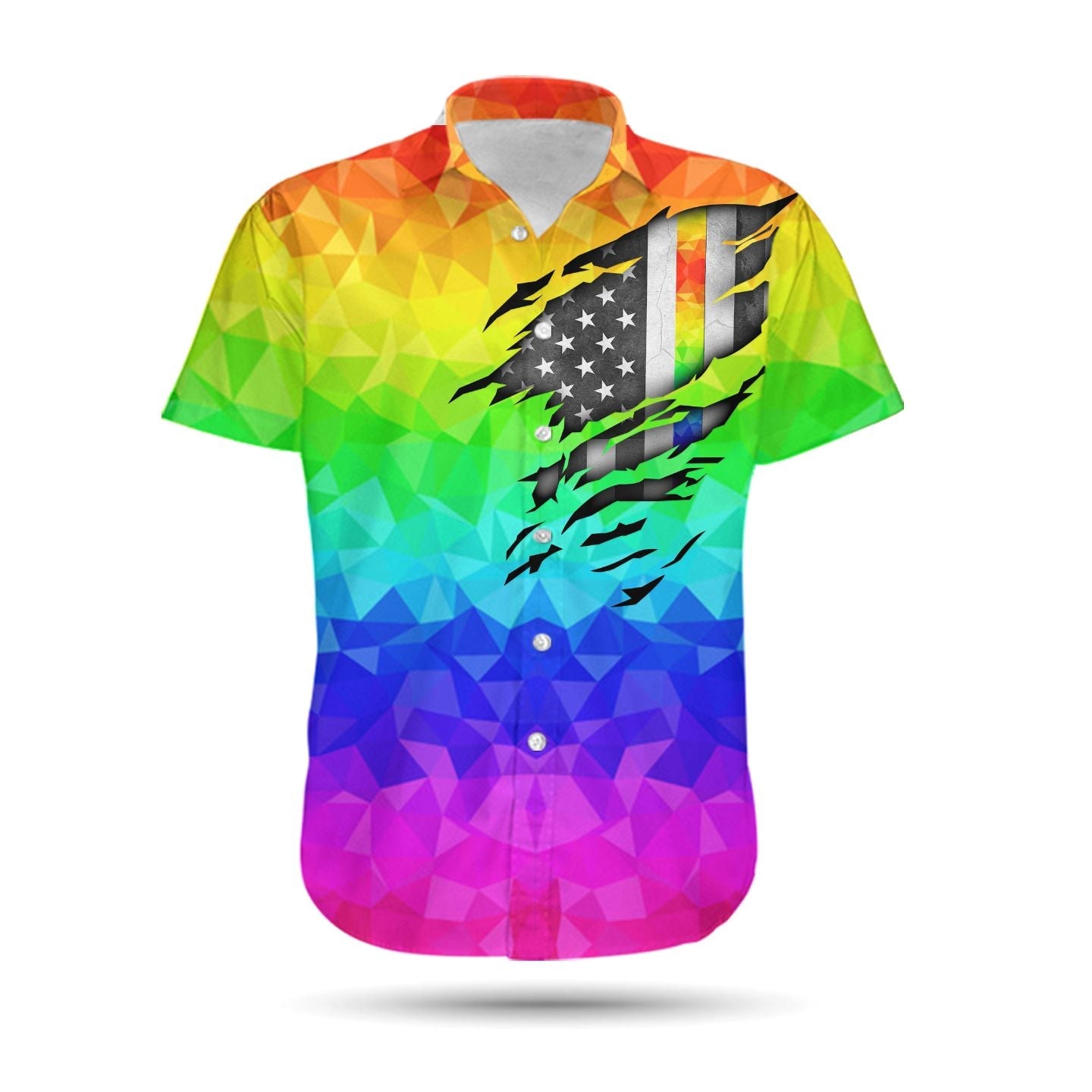 Unifinz LGBT Pride Hawaiian Shirt Rainbow Polygonal American Flag Inside Hawaii Shirt LGBT Aloha Shirt 2022