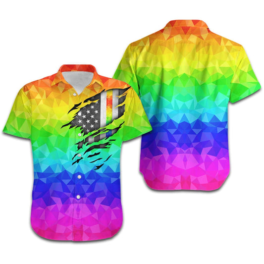 Unifinz LGBT Pride Hawaiian Shirt Rainbow Polygonal American Flag Inside Hawaii Shirt LGBT Aloha Shirt 2022